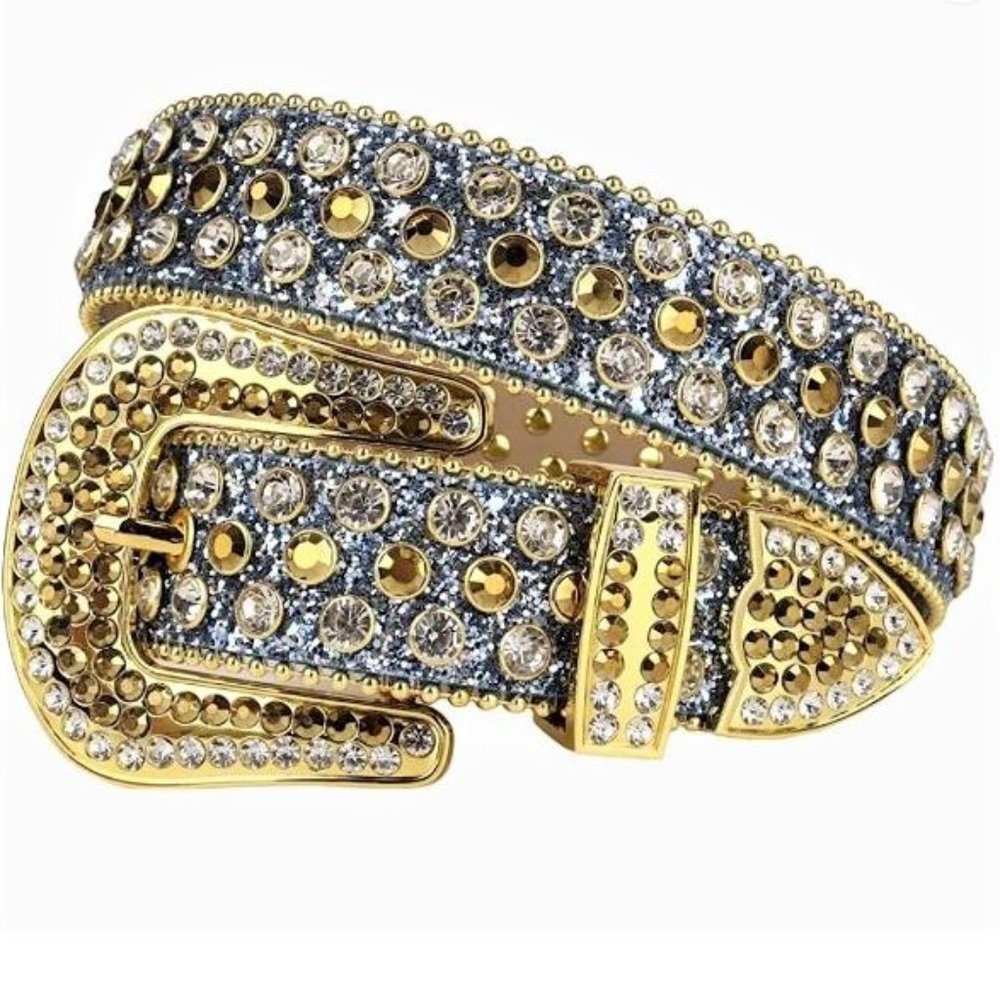 Rhinestone Belt - SUN031 - Light Blue Glitter Belt, Silver & Gold Rhinestones